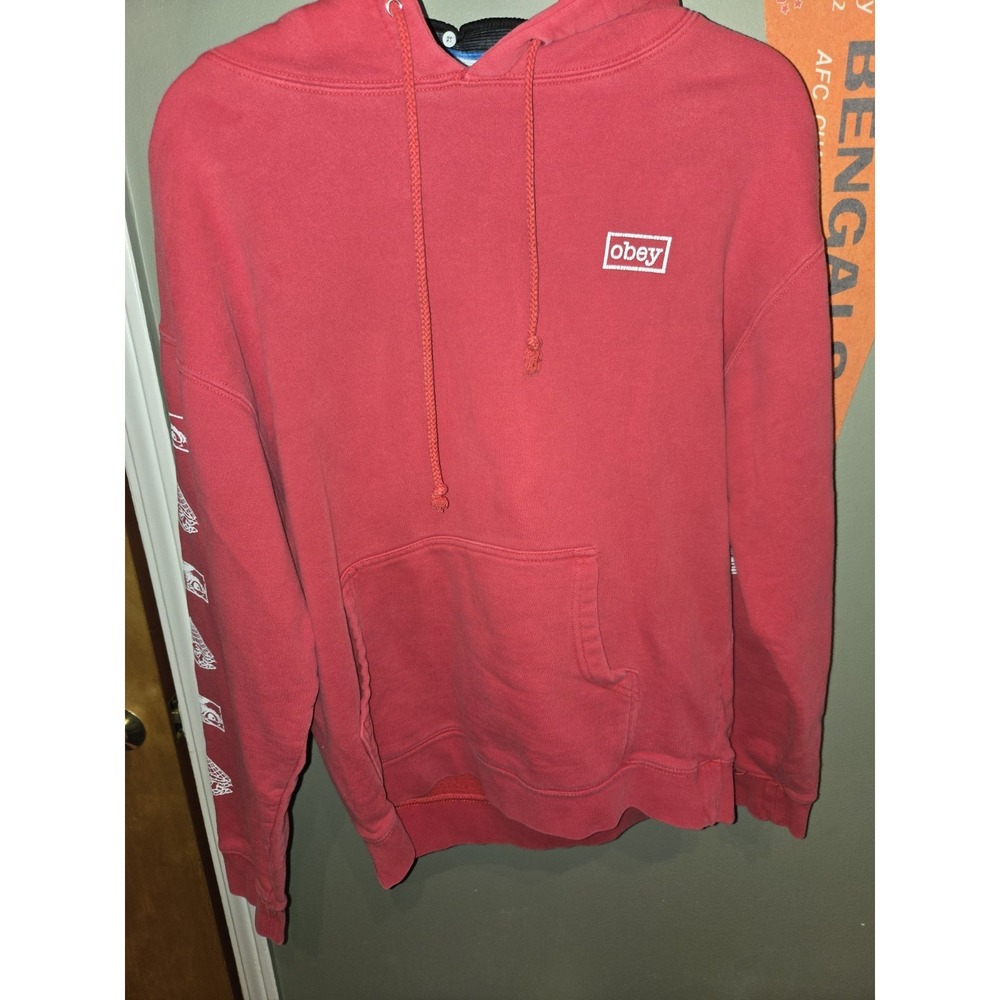 Obey Hoodie Mens Medium Red Graphic Pullover Streetwear Visual Pollution